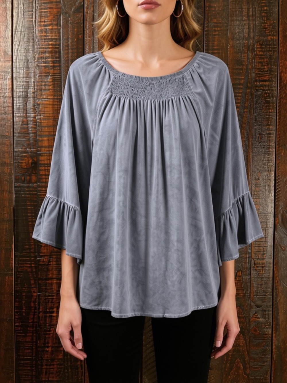 SPENSE Denim-look Flare Sleeve Top NWT SMALL